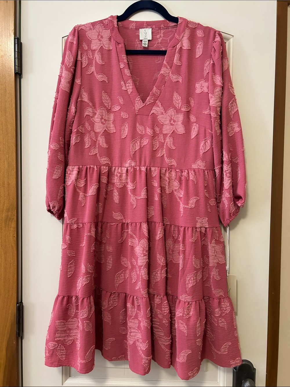 Joie Pink Floral Tiered Long Sleeve Dress with Appliqué Flowers